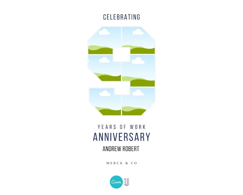 May include: A graphic design celebrating 9 years of work anniversary for Andrew Robert at Merck & Co. The number 9 is made up of green and blue squares with a white background. The text is in black.