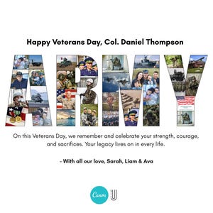 Op de afbeelding: Een witte afbeelding met het woord "ARMY" samengesteld uit afbeeldingen van soldaten en militaire sc&egrave;nes. De tekst "Happy Veterans Day, Col. Daniel Thompson" staat bovenaan, met een boodschap van herinnering en liefde onderaan.