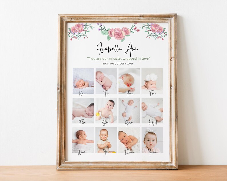 Może przedstawiać: Ramka ze zdjęciami z pierwszego roku życia dziewczynki, z kwiatowym wzorem i tekstem "Isabella Ava" oraz "You are our miracle, wrapped in love" i "BORN ON OCTOBER 1, 2024".