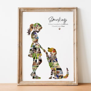 May include: A framed wall art print featuring a collage of small photographs arranged into the silhouettes of a person and a dog. The text reads Smokey, When I needed a Comfort, I found your Paw, accompanied by a small brown paw print icon.