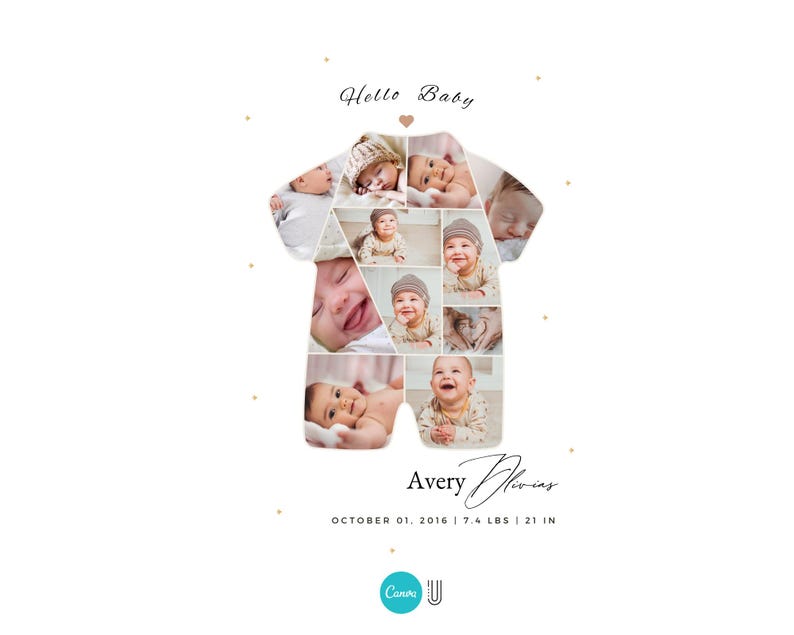 Newborn Photo Collage Template: Baby Boy Birth Stats (Canva Editable, Digital Download)