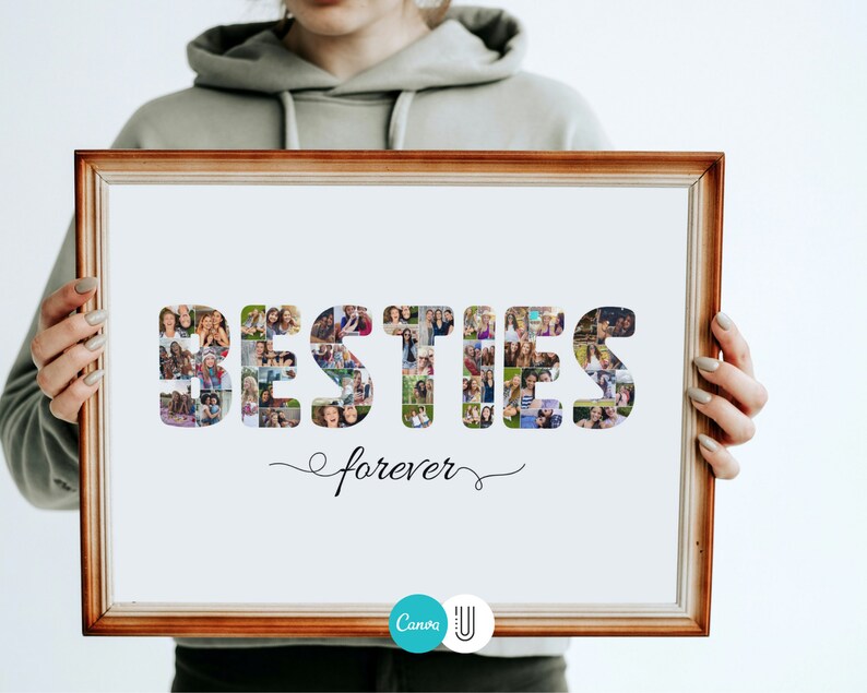 May include: A framed photo collage with the word "BESTIES" spelled out in large letters using photos of friends. The letters are filled with photos of people, and the word "forever" is written in cursive below the letters. The photo is being held by a person.