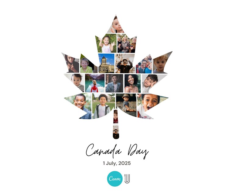 May include: A white graphic featuring a maple leaf shape filled with various photos of people. The words "Canada Day" and "1 July, 2025" are written in a script font below the leaf. A Canva logo is at the bottom.