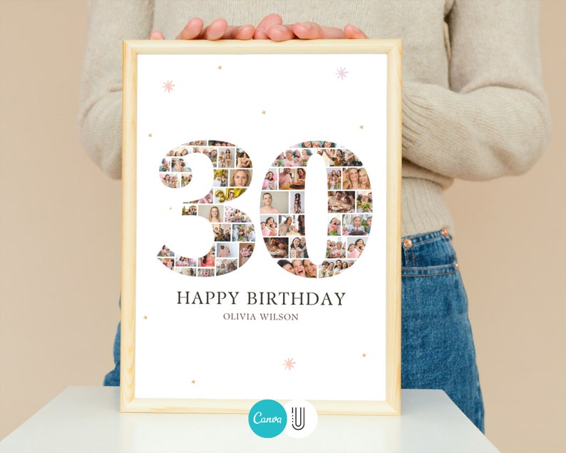 May include: A white poster with a photo collage of the number 30. The collage is made up of many small photos of people. The text "HAPPY BIRTHDAY" and "OLIVIA WILSON" is printed below the number. The poster is framed in a light wood frame.