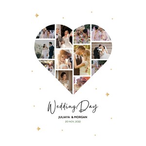 Pu&ograve; includere: Un collage di foto di matrimonio disposte a forma di cuore. Le foto sono di una coppia in varie pose, tra cui una cerimonia di matrimonio tradizionale indiana. Il testo "Wedding Day" &egrave; scritto sotto il cuore, insieme ai nomi della coppia e la data del matrimonio: "JULIAYA & MORGAN 20 NOV, 2022".