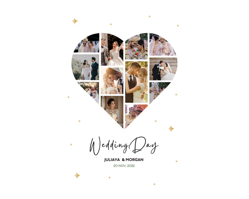 Pu&ograve; includere: Un collage di foto di matrimonio disposte a forma di cuore. Le foto sono di una coppia in varie pose, tra cui una cerimonia di matrimonio tradizionale indiana. Il testo "Wedding Day" &egrave; scritto sotto il cuore, insieme ai nomi della coppia e la data del matrimonio: "JULIAYA & MORGAN 20 NOV, 2022".