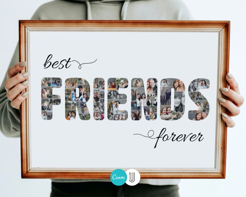 May include: A framed photo collage with the word "FRIENDS" spelled out in large letters. The letters are made up of smaller photos of people. The text "best" and "forever" are written above and below the word "FRIENDS".