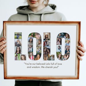 May include: A framed photo collage spelling "LOLO" with individual photos inside each letter. The frame is brown. The text at the bottom reads: "You're our beloved Lolo full of love and wisdom. We cherish you!"