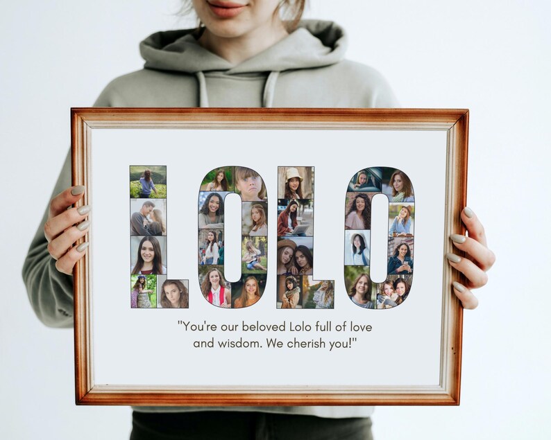 May include: A framed photo collage spelling "LOLO" with individual photos inside each letter. The frame is brown. The text at the bottom reads: "You're our beloved Lolo full of love and wisdom. We cherish you!"
