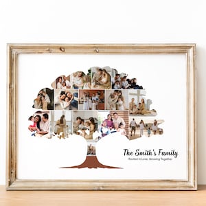 May include: A framed family photo collage shaped like a tree. The collage contains numerous family photos within the tree's outline. The frame is light brown, and the text "The Smith's Family" is displayed at the bottom of the image.