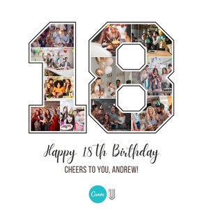 May include: A collage of photos in the shape of the number 18. The photos show people celebrating a birthday. The text "Happy 18th Birthday" and "Cheers to you, Andrew!" is below the collage.