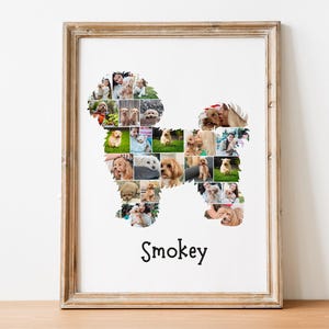 Pu&ograve; includere: Stampa incorniciata con un collage di foto a forma di cane. Il collage a forma di cane &egrave; riempito con varie immagini di cani. Il nome "Smokey" &egrave; scritto in nero sotto.