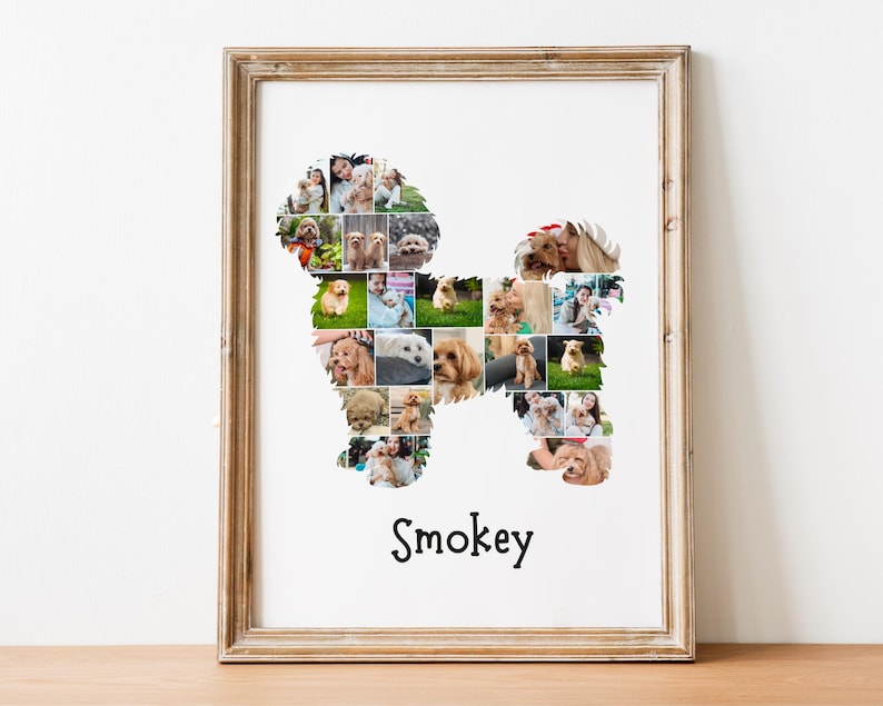 Pu&ograve; includere: Stampa incorniciata con un collage di foto a forma di cane. Il collage a forma di cane &egrave; riempito con varie immagini di cani. Il nome "Smokey" &egrave; scritto in nero sotto.