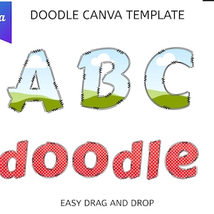 Entwerfe und verkaufe benutzerdefinierte Doodle-Alphabet-Buchstaben in Canva mit den per Ziehen und Ablegen bearbeitbaren PNG-Buchstabenrahmen der Alphaset Collection.