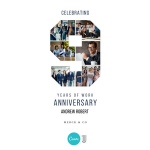 May include: A collage of photos celebrating 9 years of work anniversary for Andrew Robert at Merck & Co.