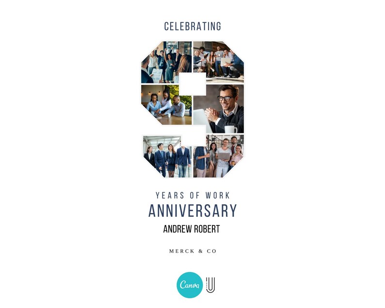 May include: A collage of photos celebrating 9 years of work anniversary for Andrew Robert at Merck & Co.