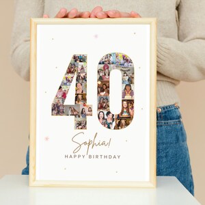 以下が含まれることがあります： 白い額縁に入った写真で、40の数字の形に写真のコラージュが施されています。数字の下には「ソフィア！お誕生日おめでとう」というテキストがあります。