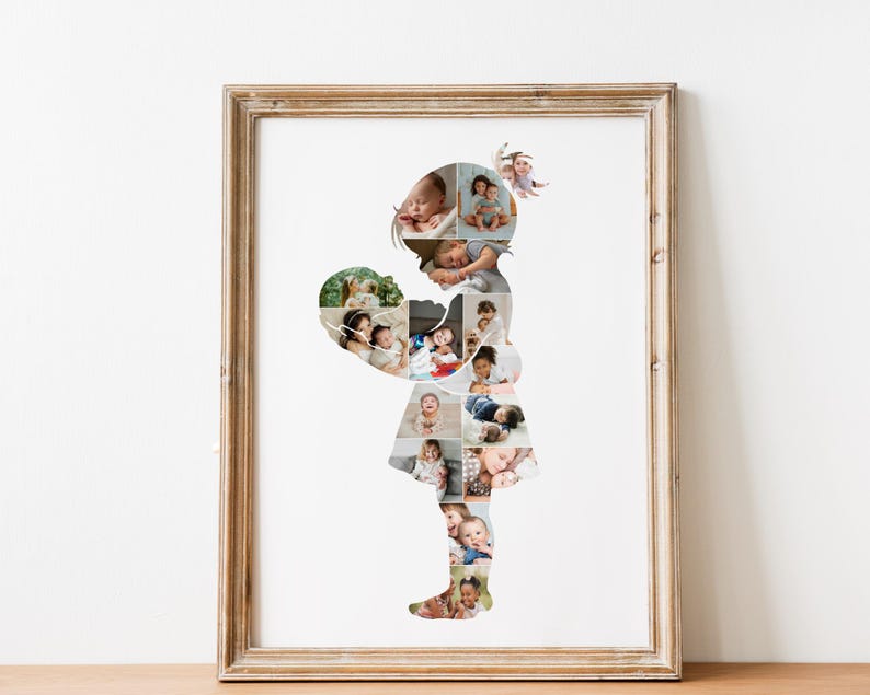 May include: A framed print featuring a silhouette of a child holding a heart-shaped collage. The collage is composed of multiple baby photos in various poses. The frame is a light brown color, and the background is white.