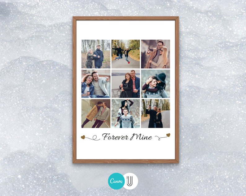 May include: A collage of nine photos of a couple in various poses, with the text "Forever Mine" at the bottom. The photos are in a white frame with a brown wood border.