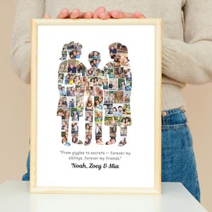 May include: A framed photo collage featuring three silhouetted figures filled with multiple small photos. The text reads "From giggles to secrets - forever my siblings, forever my friends." and the names "Noah, Zoey & Mia".