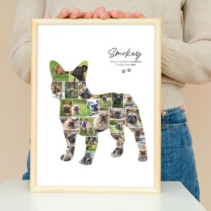 May include: A framed print featuring a French Bulldog silhouette filled with multiple photos of the dog. The print includes the name "Smokey" and the text "When I needed a comfort, I found your Paws."