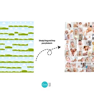 May include: A digital collage template with a grid of landscape images on the left and a collage of baby photos on the right. The text reads "Simply Drag and Drop your photos in". The Canva logo is at the bottom.