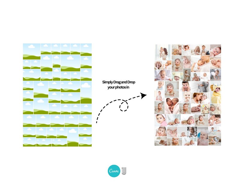 May include: A digital collage template with a grid of landscape images on the left and a collage of baby photos on the right. The text reads "Simply Drag and Drop your photos in". The Canva logo is at the bottom.