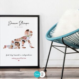 May include: A black framed photograph with a white background. The photograph features a collage of images of a baby in a crawling pose. The text "Donna Stroupe" and "10.12.2022" is at the top of the photograph. The text "first step towards a independence" and "wishing you all the love" is at the bottom of the photograph.