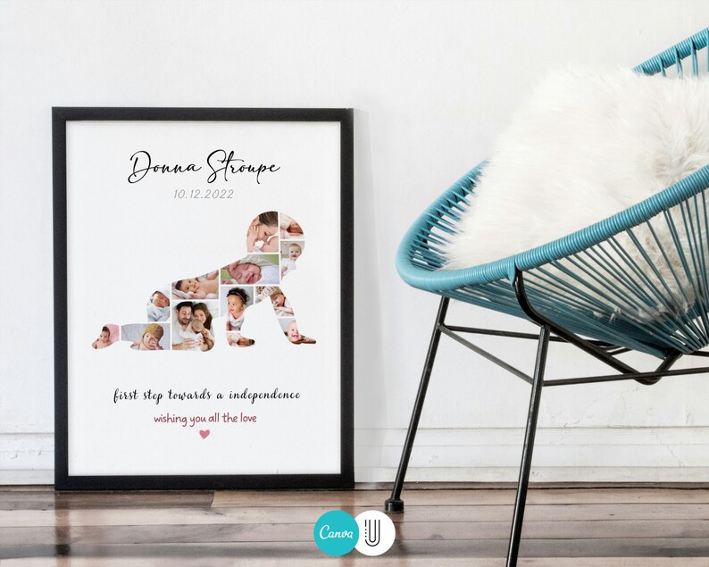 May include: A black framed photograph with a white background. The photograph features a collage of images of a baby in a crawling pose. The text "Donna Stroupe" and "10.12.2022" is at the top of the photograph. The text "first step towards a independence" and "wishing you all the love" is at the bottom of the photograph.