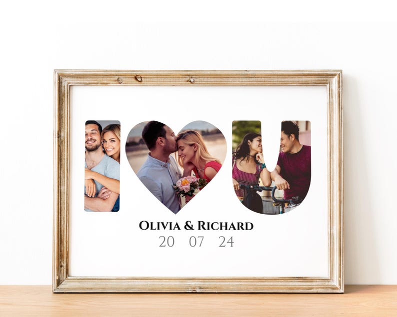 May include: A framed print with a white background featuring the letters I, a heart, and U. The letters are filled with photos of a couple. The text "Olivia & Richard 20 07 24" is below the letters.