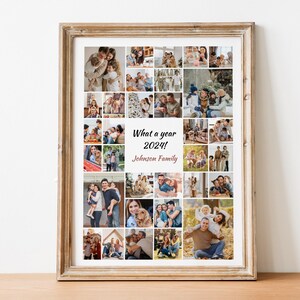 May include: A collage of family photos in a brown frame. The photos are arranged in a grid pattern and show a variety of people and activities. The text "What a year 2024! Johnson Family" is printed below the photos.