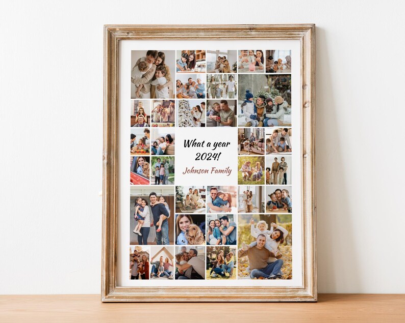 May include: A collage of family photos in a brown frame. The photos are arranged in a grid pattern and show a variety of people and activities. The text "What a year 2024! Johnson Family" is printed below the photos.