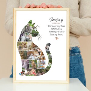 May include: A framed wall art print featuring a collage of various cat photographs arranged into the silhouette of a sitting cat. The text reads Smokey 2014-2026, Your paws may have left the floor, but they will never leave my heart, with a paw print.