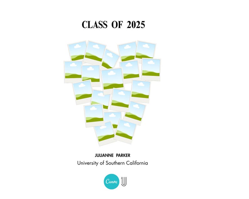 May include: A white background with a heart-shaped arrangement of small photo frames. Each frame displays a landscape scene of a blue sky and green hills. The text "CLASS OF 2025" is at the top, with "JULIANNE PARKER" and "University of Southern California" below.