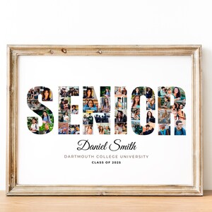 Pu&ograve; includere: Un collage di foto incorniciato con la parola "SENIOR" scritta usando foto di persone. Il testo "Daniel Smith, Dartmouth College University, Class of 2025" &egrave; sotto il collage.