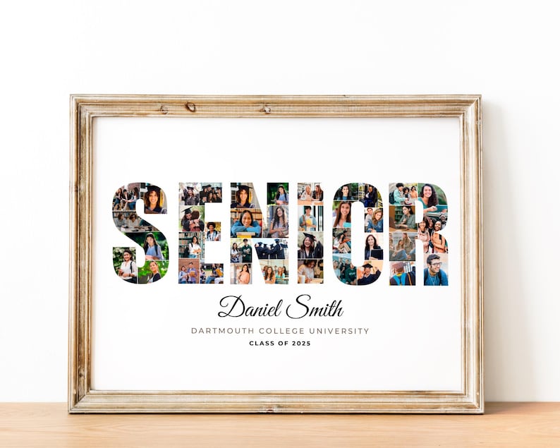 Pu&ograve; includere: Un collage di foto incorniciato con la parola "SENIOR" scritta usando foto di persone. Il testo "Daniel Smith, Dartmouth College University, Class of 2025" &egrave; sotto il collage.