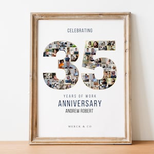 May include: A white framed poster with a collage of photos in the shape of the number 35. The text "Celebrating 35 Years of Work Anniversary Andrew Robert Merck & Co" is printed below the collage.