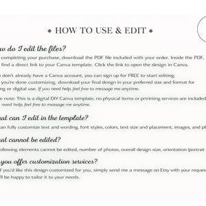 May include: A white document with the title "HOW TO USE & EDIT" and numbered instructions on how to edit a digital template. The document explains how to edit files, what can be edited, and customization services.