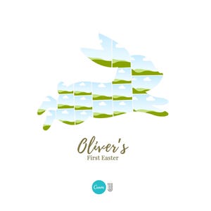 Pode incluir: Um fundo branco com uma colagem em forma de coelho preenchida com fotos de paisagens. O texto "Oliver's First Easter" est&aacute; escrito em it&aacute;lico abaixo do coelho. Um c&iacute;rculo turquesa com um "C" e um "U" brancos est&aacute; na parte inferior.