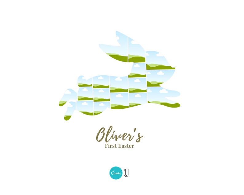 Pode incluir: Um fundo branco com uma colagem em forma de coelho preenchida com fotos de paisagens. O texto "Oliver's First Easter" est&aacute; escrito em it&aacute;lico abaixo do coelho. Um c&iacute;rculo turquesa com um "C" e um "U" brancos est&aacute; na parte inferior.