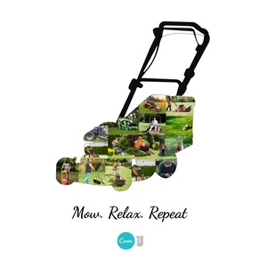 Op de afbeelding: Een silhouet van een grasmaaier gevuld met afbeeldingen van mensen die gras maaien. De tekst "Mow. Relax. Repeat" staat eronder. De afbeelding heeft een witte achtergrond.