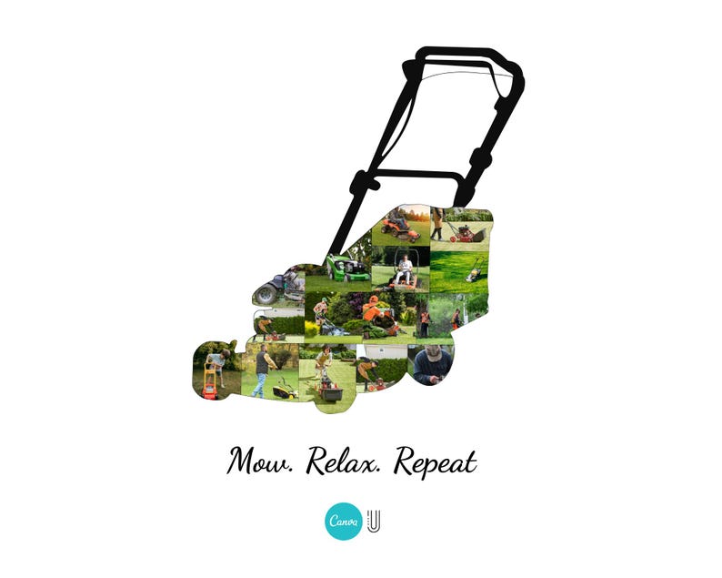 Op de afbeelding: Een silhouet van een grasmaaier gevuld met afbeeldingen van mensen die gras maaien. De tekst "Mow. Relax. Repeat" staat eronder. De afbeelding heeft een witte achtergrond.