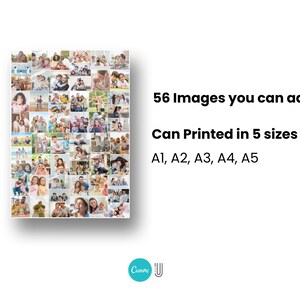 Op de afbeelding: Een collage van 56 afbeeldingen, waarschijnlijk foto's, gerangschikt in een raster. Tekst geeft aan dat de collage kan worden afgedrukt in vijf formaten: A1, A2, A3, A4 en A5. Het Canva-logo is zichtbaar.