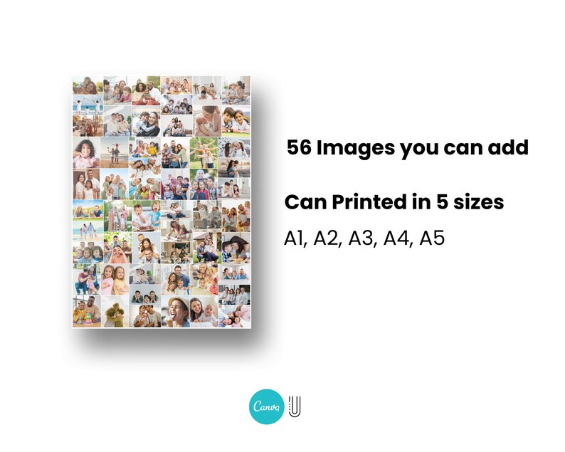 Op de afbeelding: Een collage van 56 afbeeldingen, waarschijnlijk foto's, gerangschikt in een raster. Tekst geeft aan dat de collage kan worden afgedrukt in vijf formaten: A1, A2, A3, A4 en A5. Het Canva-logo is zichtbaar.