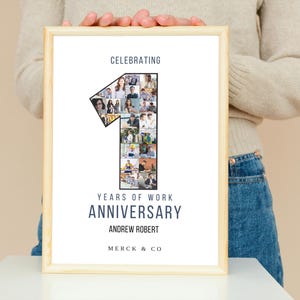 May include: A framed print celebrating a work anniversary. The number "1" is filled with photos. Text reads "Celebrating Years of Work Anniversary Andrew Robert Merck & Co."