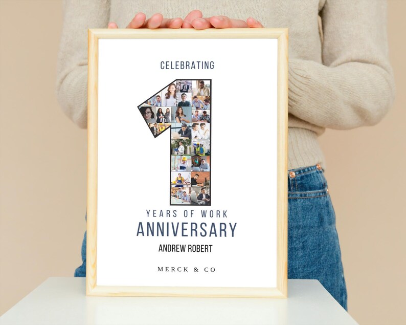 May include: A framed print celebrating a work anniversary. The number "1" is filled with photos. Text reads "Celebrating Years of Work Anniversary Andrew Robert Merck & Co."