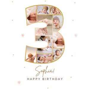 Pu&ograve; includere: Un collage di foto di una bambina disposte a forma di numero 3. Le foto sono in una cornice dorata e il testo "Sophia! Buon compleanno" &egrave; sotto il numero.