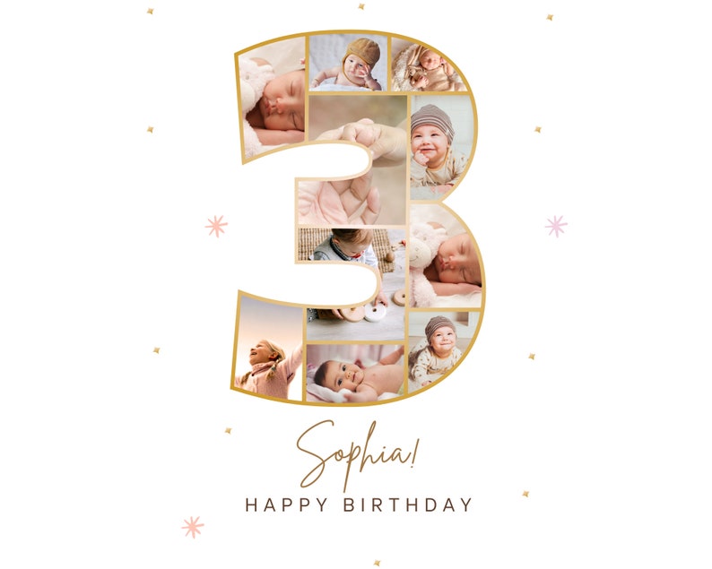 Pu&ograve; includere: Un collage di foto di una bambina disposte a forma di numero 3. Le foto sono in una cornice dorata e il testo "Sophia! Buon compleanno" &egrave; sotto il numero.