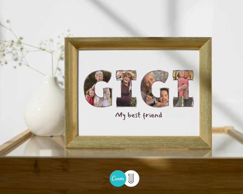 May include: A framed photograph with the word "GIGI" spelled out in large letters. Each letter is made up of a collage of photos of a family. The text "My best friend" is written below the letters.