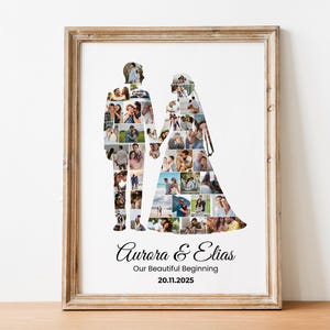 K&ouml;nnte beinhalten: Gerahmter Druck mit einer Collage von Fotos, die die Silhouetten eines Brautpaares bilden. Der Rahmen ist hellbraun. Die Namen "Aurora & Elias" und das Datum "20.11.2025" sind darunter gedruckt. Der Text "Our Beautiful Beginning" ist ebenfalls enthalten.